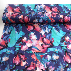 Viskose Jerseystoff Blumen Bltter Aquarell Stil, rot mint trkis lilablau