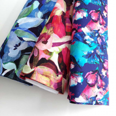 Viskose Jerseystoff Blumen Bltter Aquarell Stil, rot mint trkis lilablau