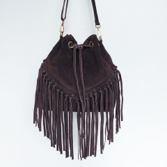 Wildledertasche Beuteltasche Fransen, dunkelbraun goldene Schnallen