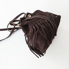 Wildledertasche Beuteltasche Fransen, dunkelbraun goldene Schnallen