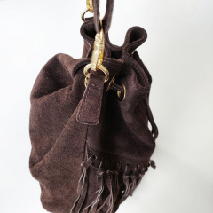 Wildledertasche Beuteltasche Fransen, dunkelbraun goldene Schnallen