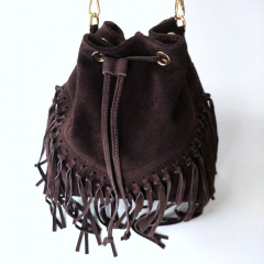 Wildledertasche Beuteltasche Fransen, dunkelbraun goldene Schnallen