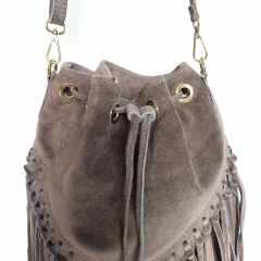 Wildledertasche Beuteltasche Fransen, taupe goldene Schnallen
