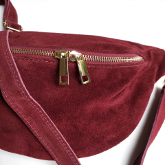 Bauchtasche Wildleder mit Lederriemen - weinrot - gold Schnallen-Made in Italy