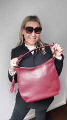 Ledertasche Umhngetasche Seitentaschen Lederriemen - weinrot - gold Schnallen - Made in Italy