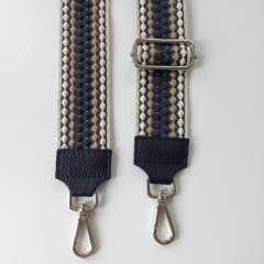 Taschengurt Taschenriemen Punkte Streifen, beige ecrue dunkelblau, dunkelblaue Lederenden, silber Schnallen