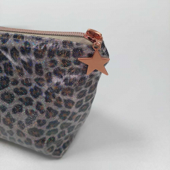 Regenmantelstoff Foliendruck Leopardenmuster Regenbogen-Glitzer - schwarz braun beige