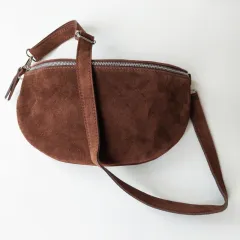 Bauchtasche Wildleder mit Lederriemen - schokobraun - silber Schnallen-Made in Italy