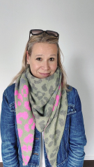 Dreieckstuch Schal Leopardenmuster Herzen Wollschal flauschig weich, olivgrn pink