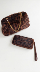 Fake Fur Felltasche Leopardenmuster mit Rahmen flauschig weich uni, braun schwarz dunkelbraun