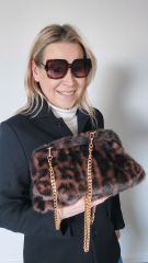 Fake Fur Felltasche Leopardenmuster mit Rahmen flauschig weich uni, braun schwarz dunkelbraun