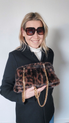 Fake Fur Felltasche Leopardenmuster mit Rahmen flauschig weich uni, braun schwarz dunkelbraun