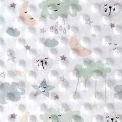 Minky Fleece Stoff Punkte Mond Sterne Wolken , hellgrn beige cremeweiss
