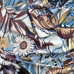 EINZELSTCK 140 cm Viskose Jerseystoff Sommerblumen, ockergelb blau dunkelbraun