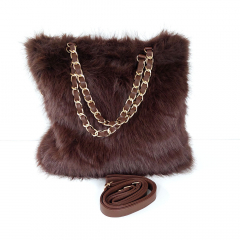 Fake Fur Felltasche gold Kette Schulterriemen flauschig weich uni, dunkelbraun