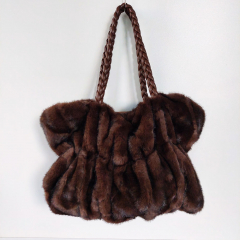 Fake Fur Felltasche Shopper geflochtene Griffe, dunkelbraun