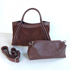 Wildledertasche  2 in 1 Handtasche & Tschchen Ledergriffe-schokobraun-Made in Italy