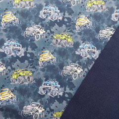 Einzelstck 1,2 m Softshell Stoff Jackenstoff Monstertrucks, bunt grau dunkelblau