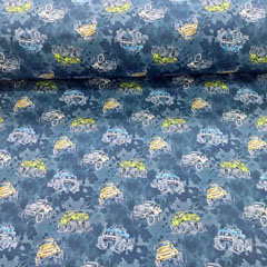 Einzelstck 1,2 m Softshell Stoff Jackenstoff Monstertrucks, bunt grau dunkelblau