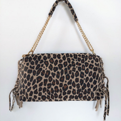 Wildledertasche Leomuster gold Doppelreiverschluss Goldkette Fransen rechteckig, braun schwarz beige