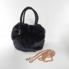 Fake Fur Felltasche rund gold Kette geflochtene Griffe, schwarz