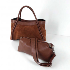 Wildledertasche  2 in 1 Handtasche & T�schchen Ledergriffe-Havanna Braun - Made in Italy