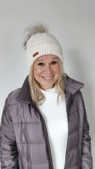 M�tze Strickstoff Kn�pfmuster mit Fellbommel - schwarz