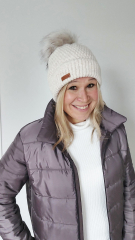 M�tze Strickstoff Kn�pfmuster mit Fellbommel - schwarz