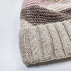 Mtze Strickstoff Streifen Fellbommel - rosa wollwei braun natur