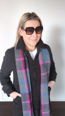 Schal kariert mit Fransen, pink blau dunkelbraun grau