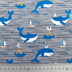 Jerseystoff Wale Wellen Kinderjersey Baumwolle, blau gelb grau