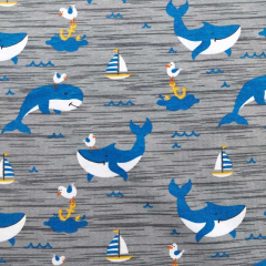 Jerseystoff Wale Wellen Kinderjersey Baumwolle, blau gelb grau