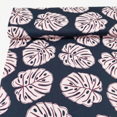 Canvas Stoff Baumwollstoff Monstera Bl�tter, rosa burgundy dunkelblau