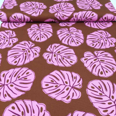Canvas Stoff Baumwollstoff Monstera Bl�tter, rosa burgundy braun