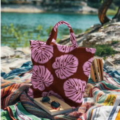 Canvas Stoff Baumwollstoff Monstera Bl�tter, rosa burgundy braun