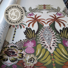 EINZELST�CK  (2.45 m) Viskose Stoff Blusenkrepp Palmen Ananas Bord�ren Druck, armyg�rn beere cremewei� - Made in Italy