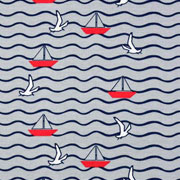 Jerseystoff Segelboote Möwen Wellen, dunkelblau rot grau
