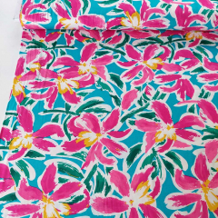 Viskose Jerseystoff Blumen Summer Print weich flie�end, pink petrol