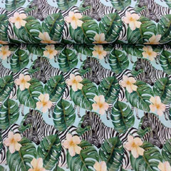 Viskose Jerseystoff Zebras tropische Bltter Hibiskusblten, hellmint