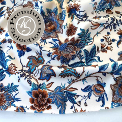 Viskose Satin Stoff Blusenstoff Blumen Meterware seidig fein - Blaut�ne mittelbraun ecrue - Made in Italy