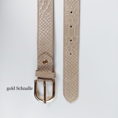 Lederg�rtel Damen Krokopr�gung uni helltaupe L�nge 85 cm gold Schnalle