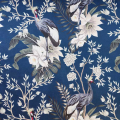 Mittelblauer Dekosamt Blumen Vogelmotiv – edle Meterware f�r kreative Projekte