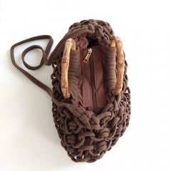 H�kel-Handtasche mit edlem Bambusgriffen & Schulterriemen - Espresso Brown  - Boho Makramee Tasche