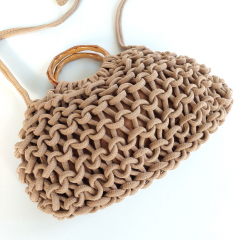 H�kel-Handtasche mit edlem Bambusgriffen & Schulterriemen - beige  - Boho Makramee Tasche