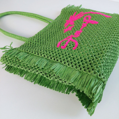 Strohtasche rechteckig mit Fransen PIN-UP, neonpink auf gr�n