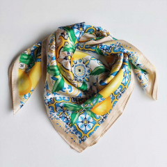 Halstuch Zitronen Ornamente quadratisch Schal Bandana Tuch - blau beige gelb