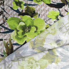 Viskose Krepp Stoff Blumen Bl�tter, limegreen hellbeige