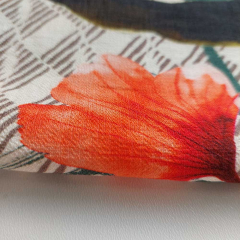 Viskose Krepp Stoff Blumen Bl�tter, orange rot hellbeige