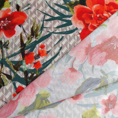 Viskose Krepp Stoff Blumen Bl�tter, orange rot hellbeige