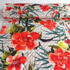 Viskose Krepp Stoff Blumen Bl�tter, orange rot hellbeige